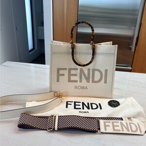 Fendi Medium Sunshine Cream Tote Bag with Brown Handles